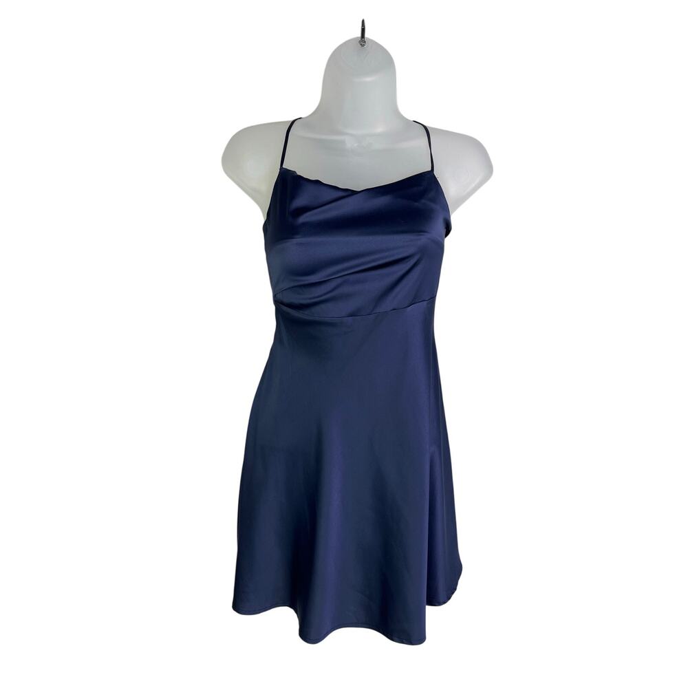 Lucy In The‎ Sky Dress Womens Small Satin Blue Unlined Tie Back Spaghetti Strap